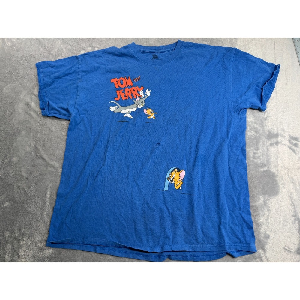 Tom and Jerry T-Shirt Mens XL Blue Graphic Double Sided Warner Bros Crew Neck